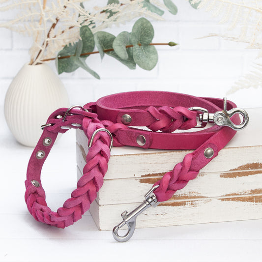 Set ELLA | Halsband und Hundeleine | geflochtenes Leder | Pink