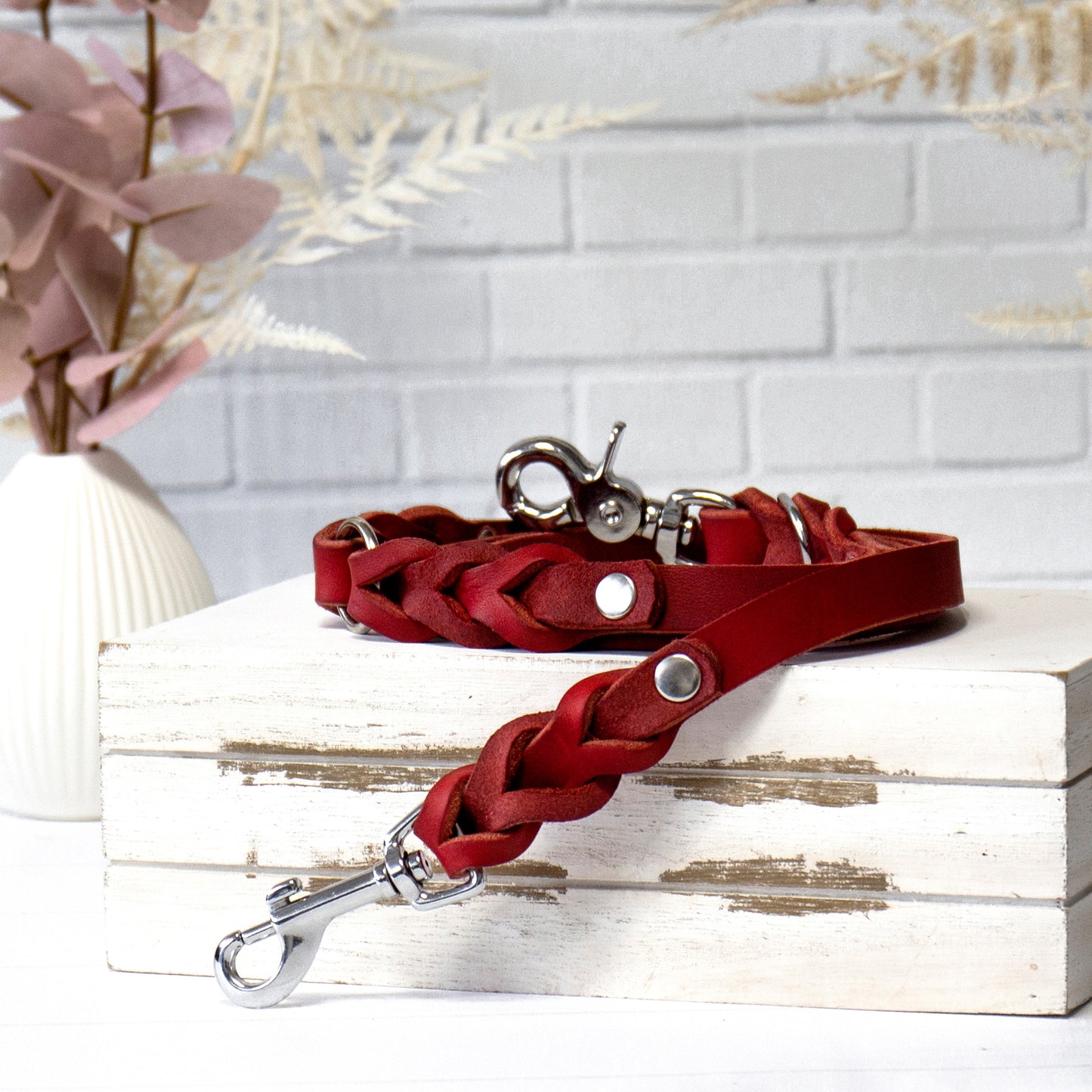 Set ELLA | Halsband und Hundeleine | geflochtenes Leder | Rot