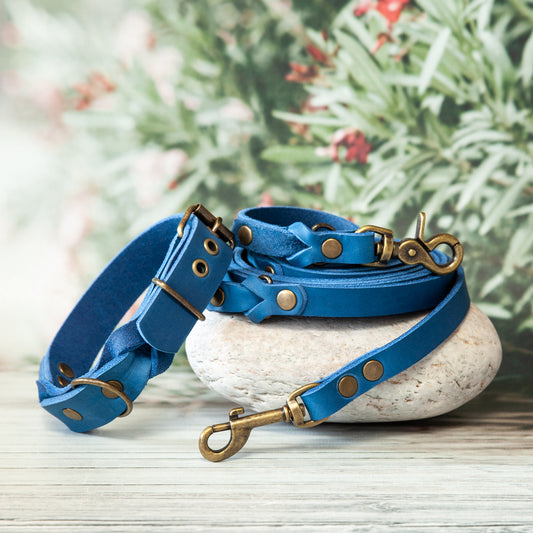 Azurfarbenes Set KIWI – Hundeleine und Halsband aus Leder, handgemacht und farblich abgestimmt